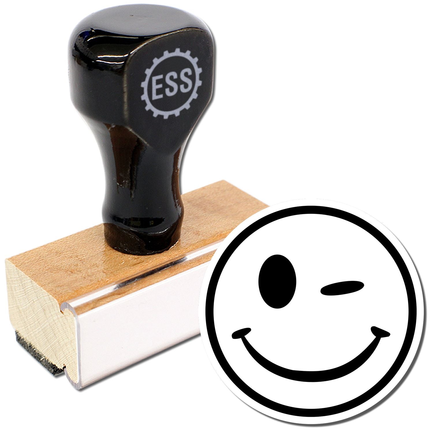 Round Winking Smiley Rubber Stamp with a wooden base and black handle, next to a stamped winking smiley face image.