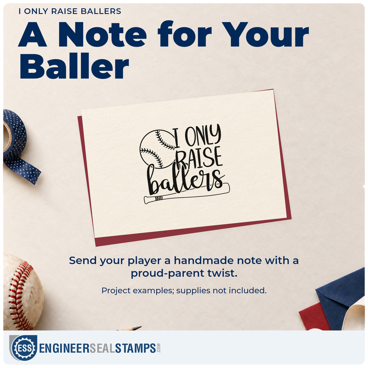 A finished handmade project stamped with the I Only Raise Ballers Baseball And Bat Stamp - Premium Vintage Pro Wooden, ideal for season opener pages.
