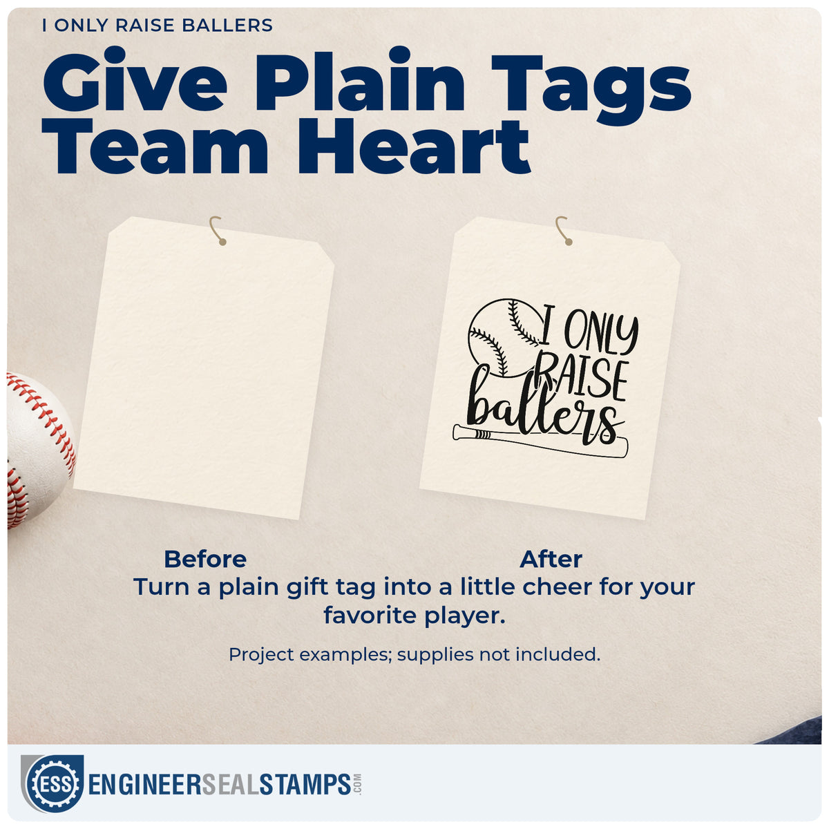 Before and after of a plain item finished with the I Only Raise Ballers Baseball And Bat Rubber Stamp – Duo Hand, a quick upgrade for banquet place cards.