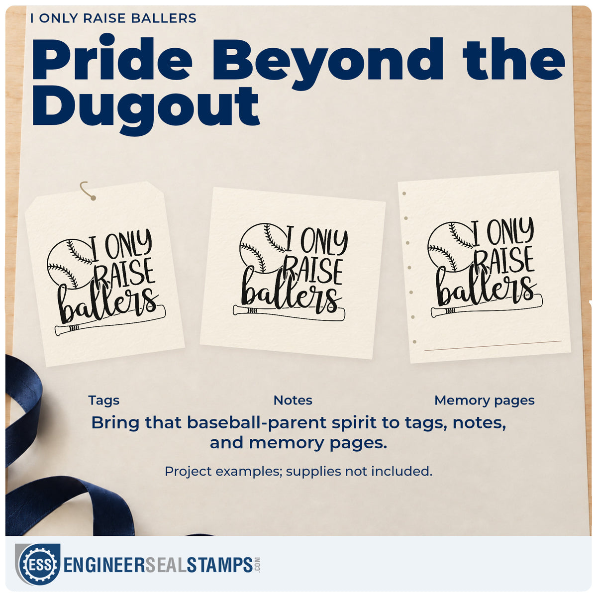 Three project examples made with the Slim Pre-Inked I Only Raise Ballers Baseball And Bat Stamp, including coach thank-you notes.