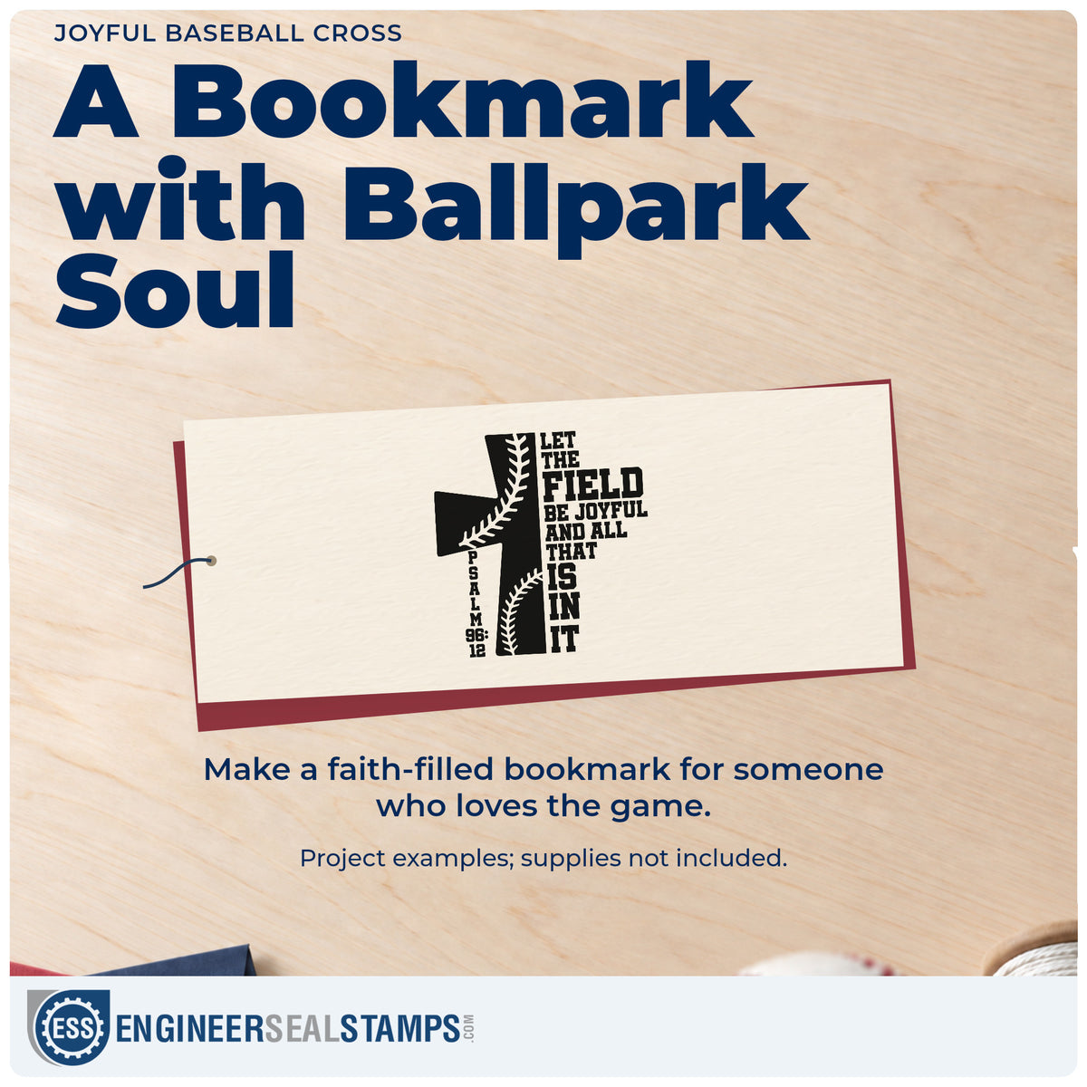 A finished handmade project stamped with the Joyful Field Baseball Stitch Cross Self-Inking Stamp, ideal for church league programs.