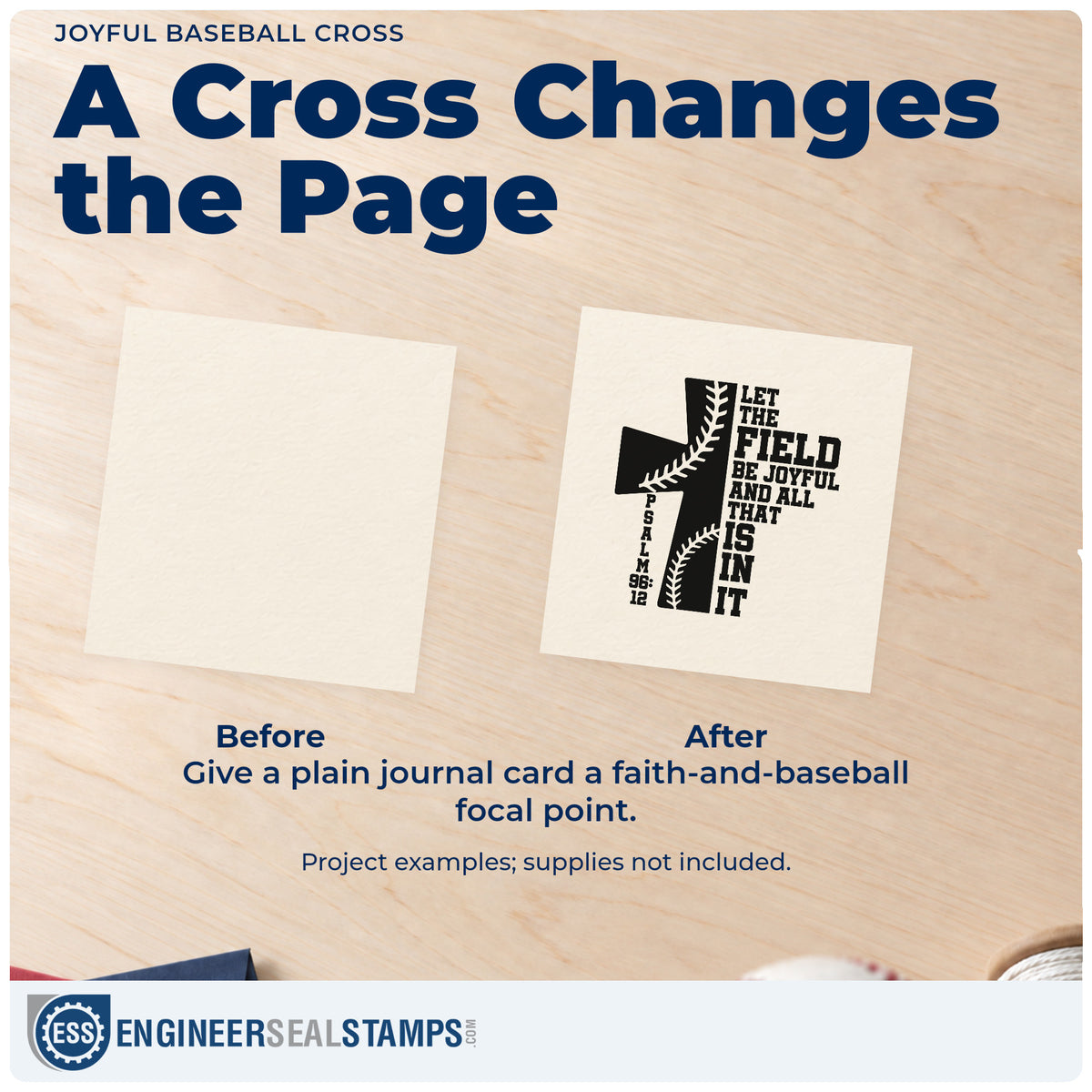 Before and after of a plain item finished with the Joyful Field Baseball Stitch Cross Self-Inking Stamp, a quick upgrade for youth camp name tags.