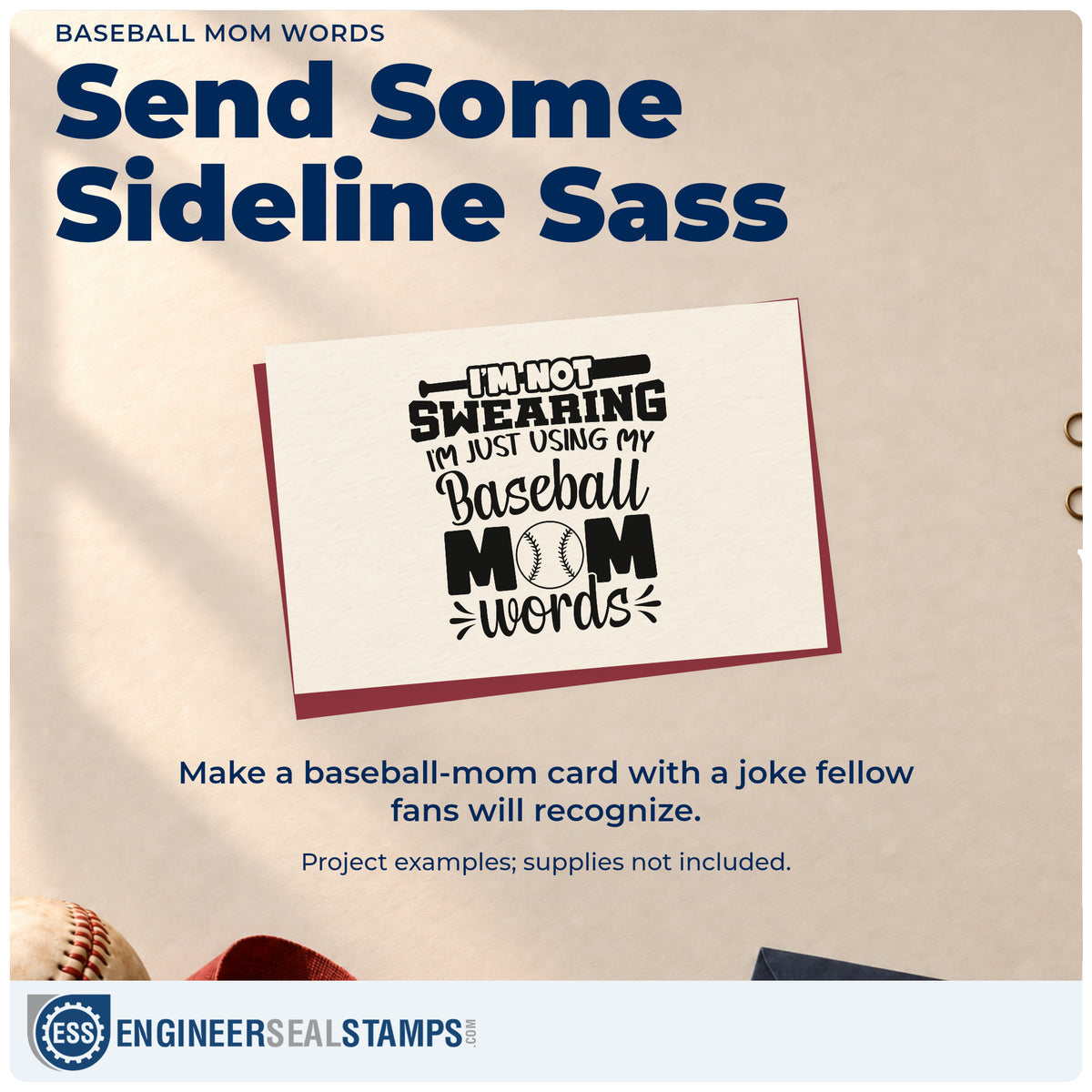 A finished handmade project stamped with the I'm Not Swearing, I'm Just Using My Baseball Mom Words Stamp – Duo Hand, ideal for team parent gift tags.