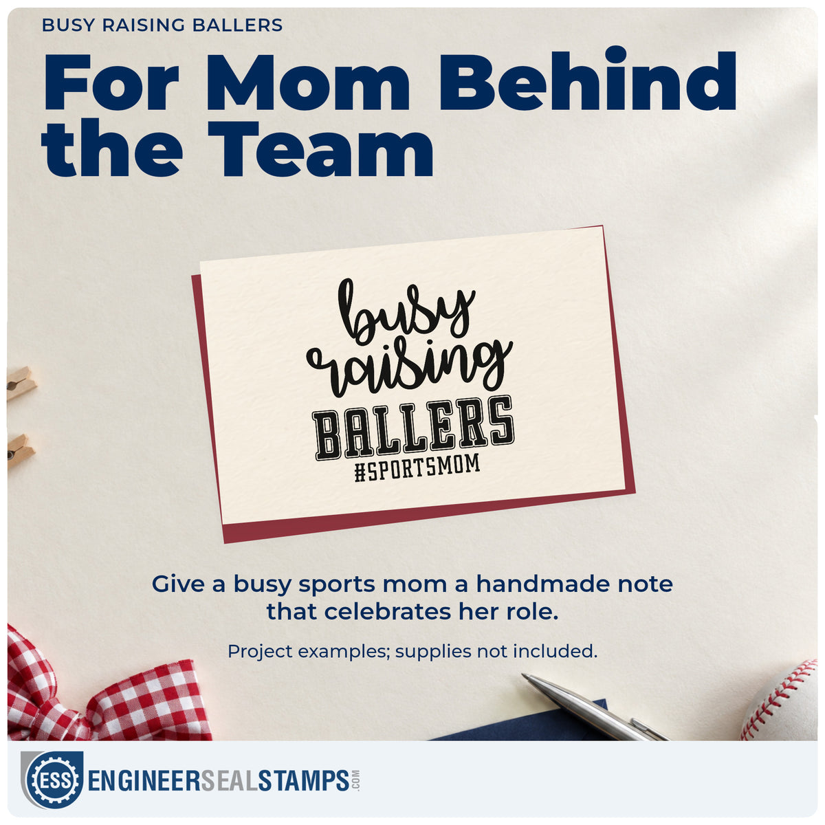 A finished handmade project stamped with the Busy Raising Ballers PSI Pre-Inked Stamp, ideal for travel team scrapbooks.