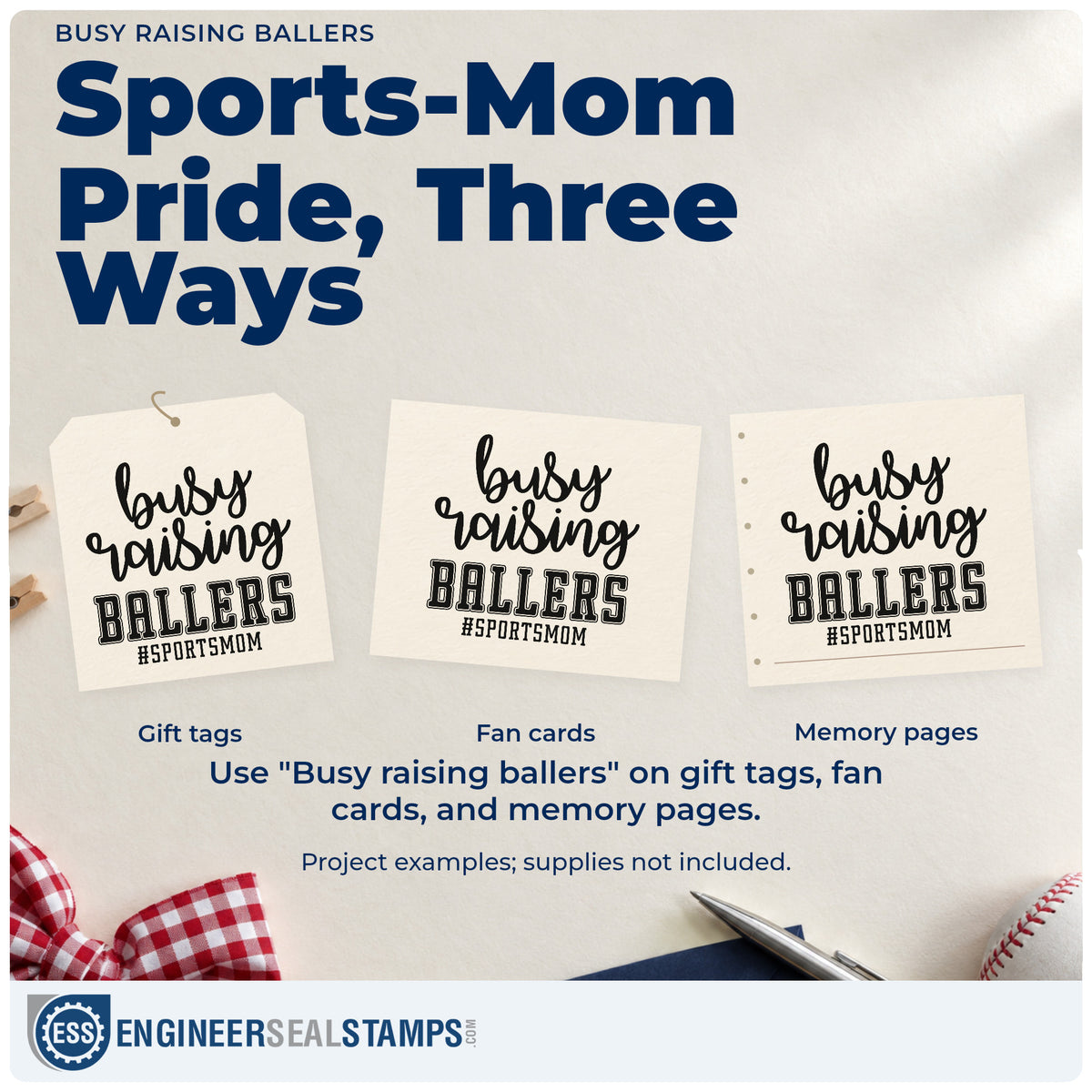 Three project examples made with the Busy Raising Ballers PSI Pre-Inked Stamp, including carpool thank-you notes.