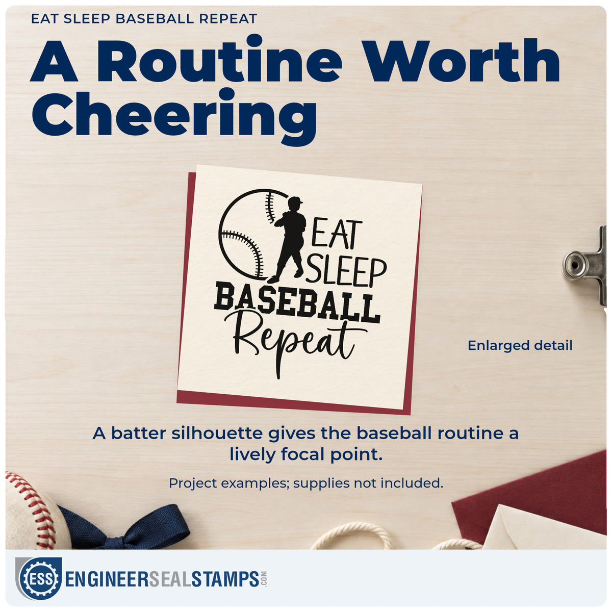 Enlarged detail of the Eat Sleep Baseball Repeat Batter Silhouette Wood Handle Stamp imprint. A batter silhouette overlaps a baseball beside stacked "Eat sleep baseball repeat" lettering.
