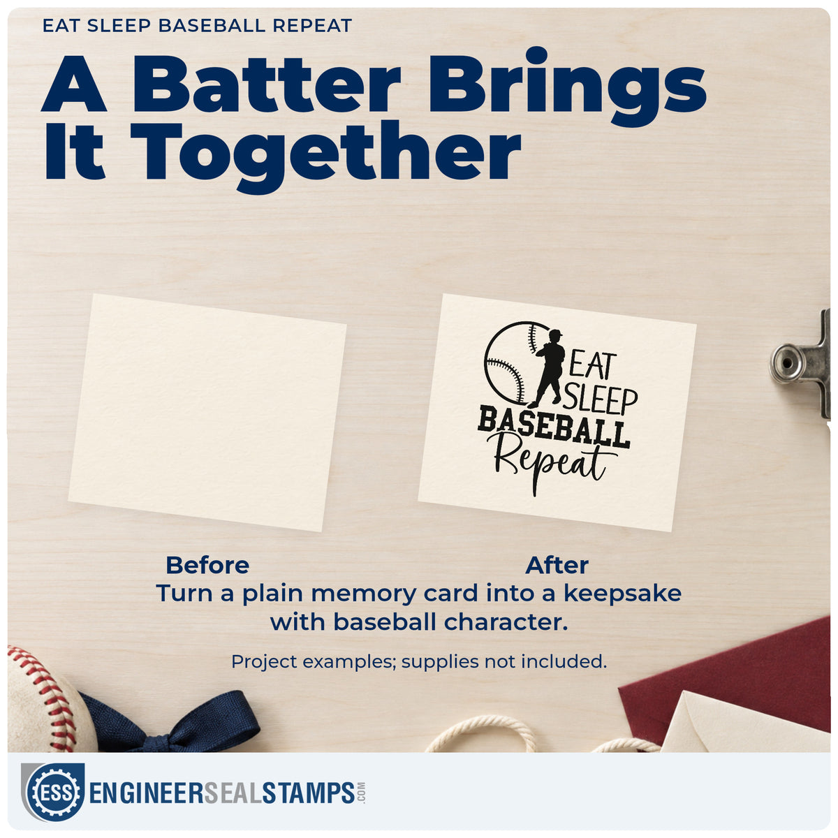 Before and after of a plain item finished with the Eat Sleep Baseball Repeat Batter Silhouette Stamp - Premium Vintage Pro Wooden, a quick upgrade for lunchbox notes.