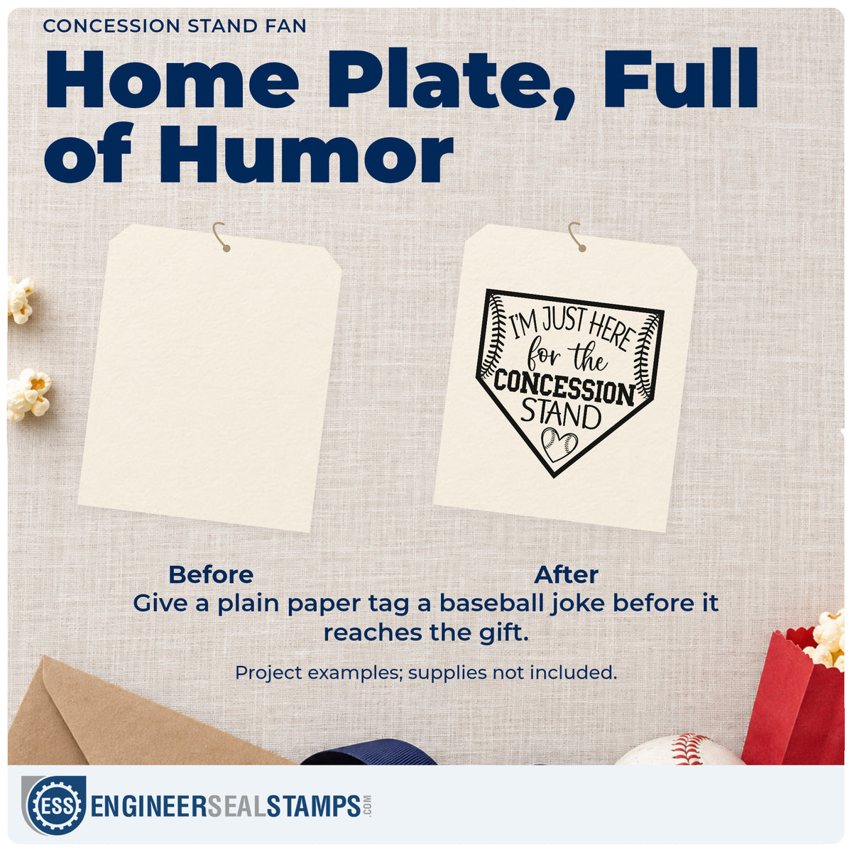 Before and after of a plain item finished with the Concession Stand Fan Hand Stamp – Duo, a quick upgrade for tote bag printing.