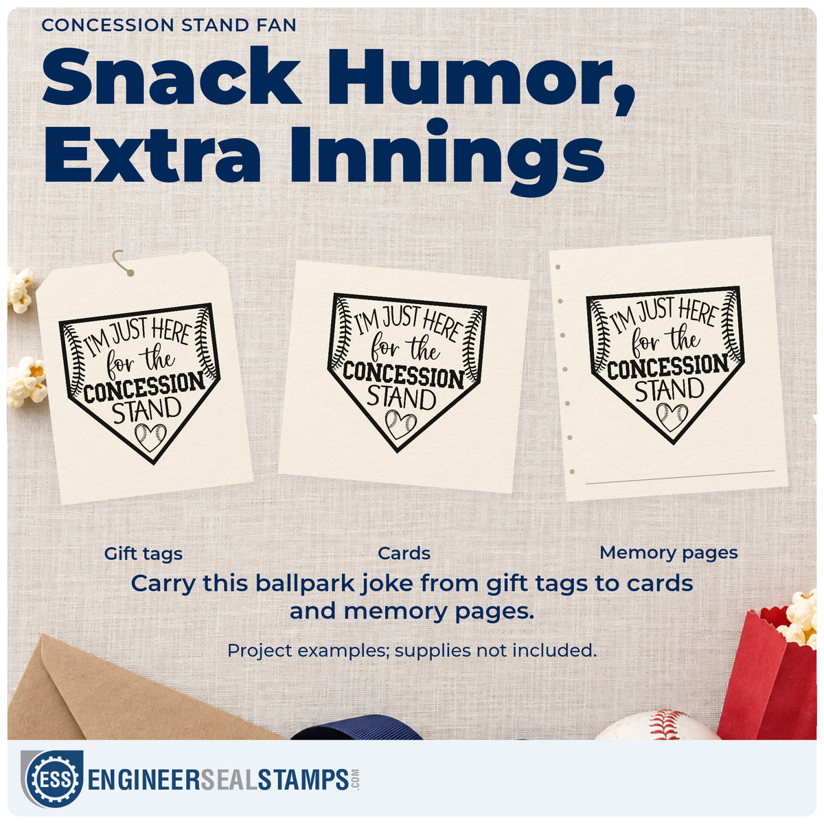 Three project examples made with the Vintage Pro Concession Stand Fan Premium Wooden Stamp, including grandparent gift tags.