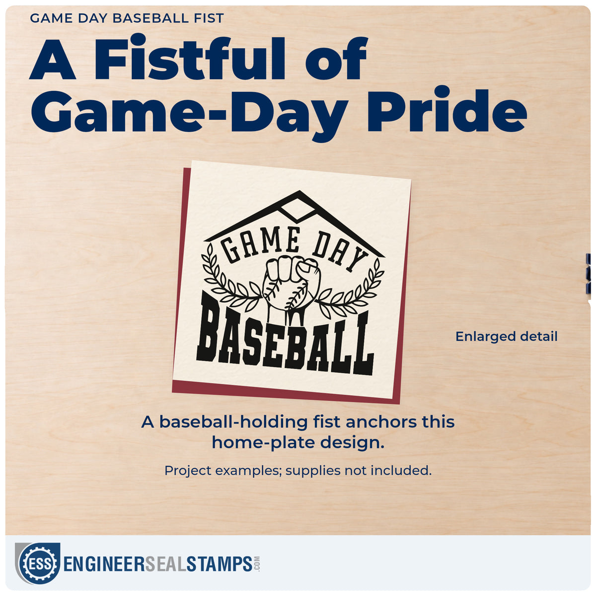 Enlarged detail of the Game Day Baseball Fist Home Plate Badge Wood Handle Stamp imprint. A fist holding a baseball sits between leafy branches inside a home plate frame labeled "Game day baseball."