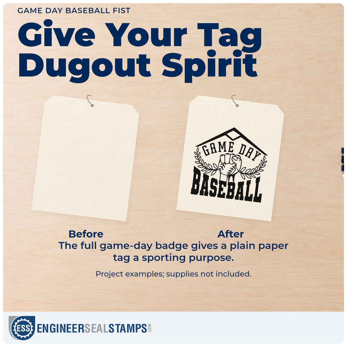 Before and after of a plain item finished with the Game Day Baseball Fist Home Plate Badge Rubber Stamp – Duo Hand, a quick upgrade for fan shirt transfers.