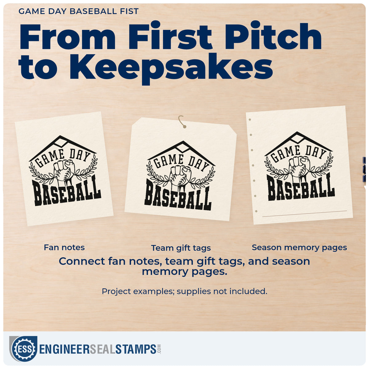 Three project examples made with the Game Day Baseball Fist Home Plate Badge Premium Wooden Stamp - Vintage Pro, including water bottle labels.