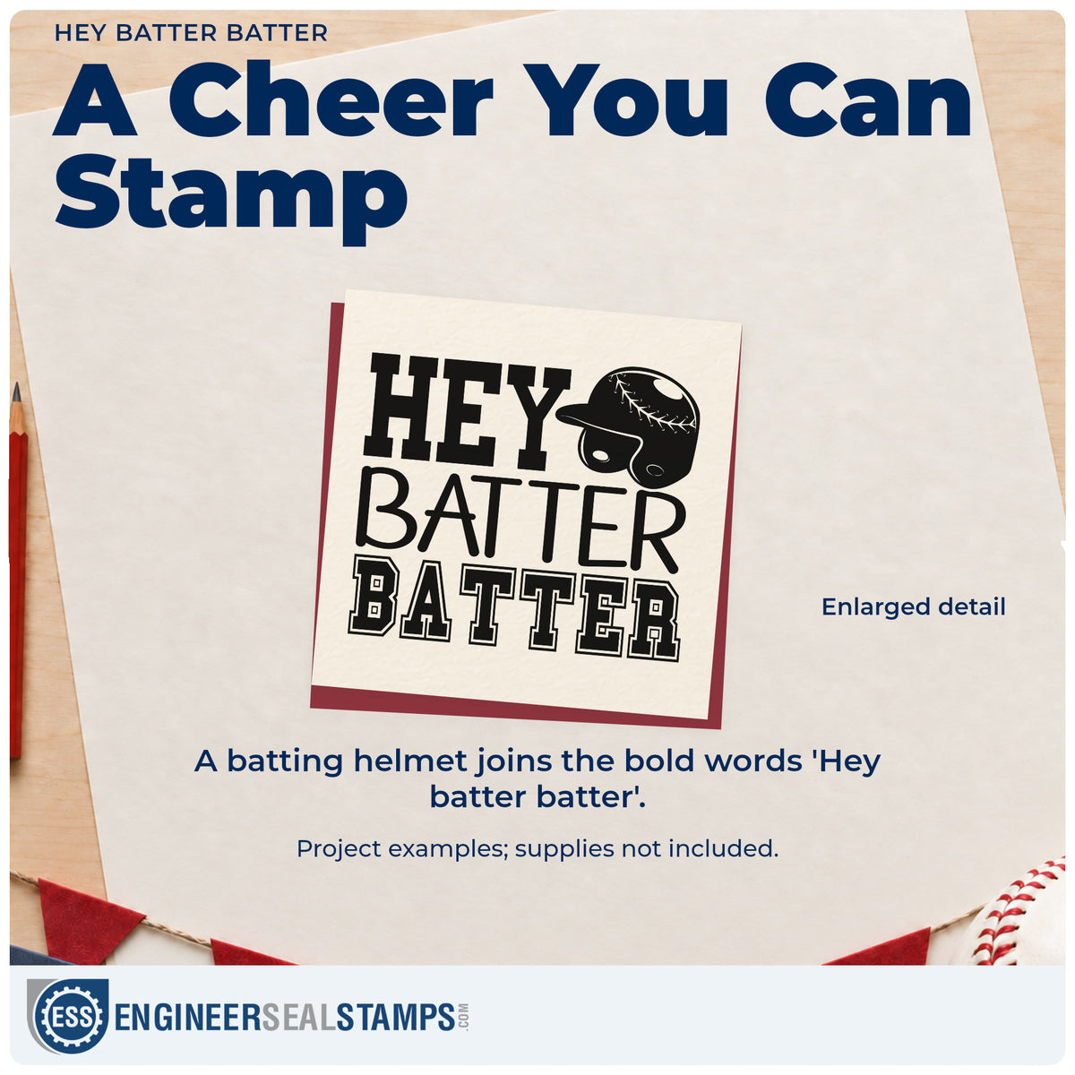 Enlarged detail of the Hey Batter Batter Hand Stamp – Duo imprint. A batting helmet accompanies "Hey batter batter" in three lines of bold lettering.