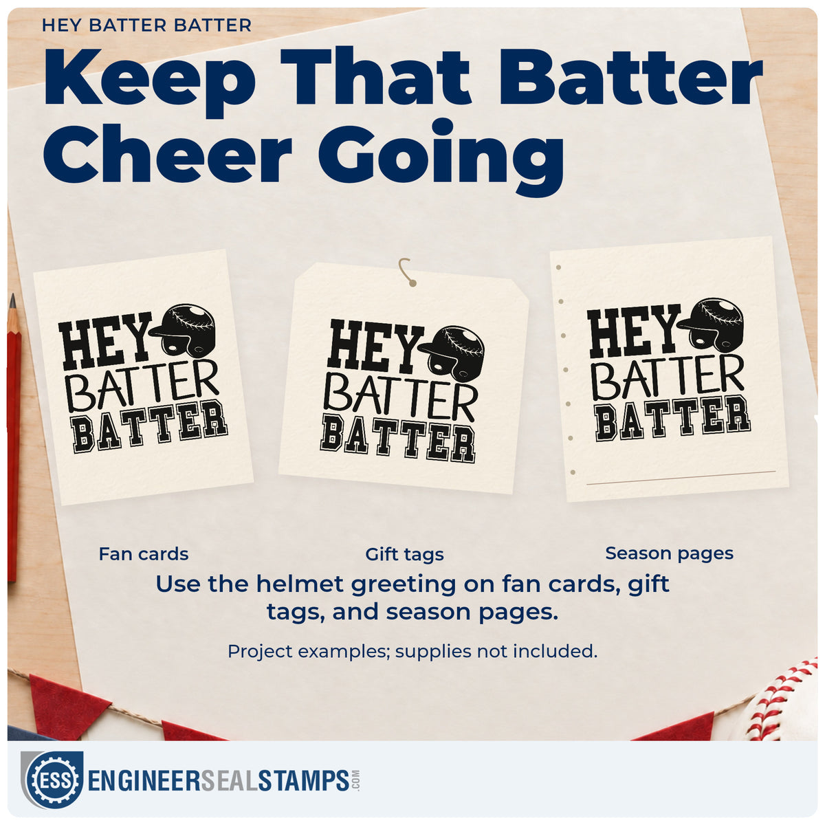 Three project examples made with the Hey Batter Batter Hand Stamp – Duo, including cupcake toppers.