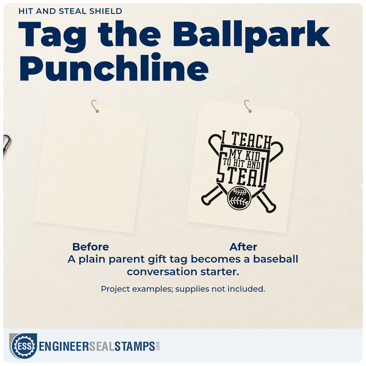 Before and after of a plain item finished with the Hit And Steal Shield Slim Pre-Inked Stamp, a quick upgrade for parent shirt transfers.