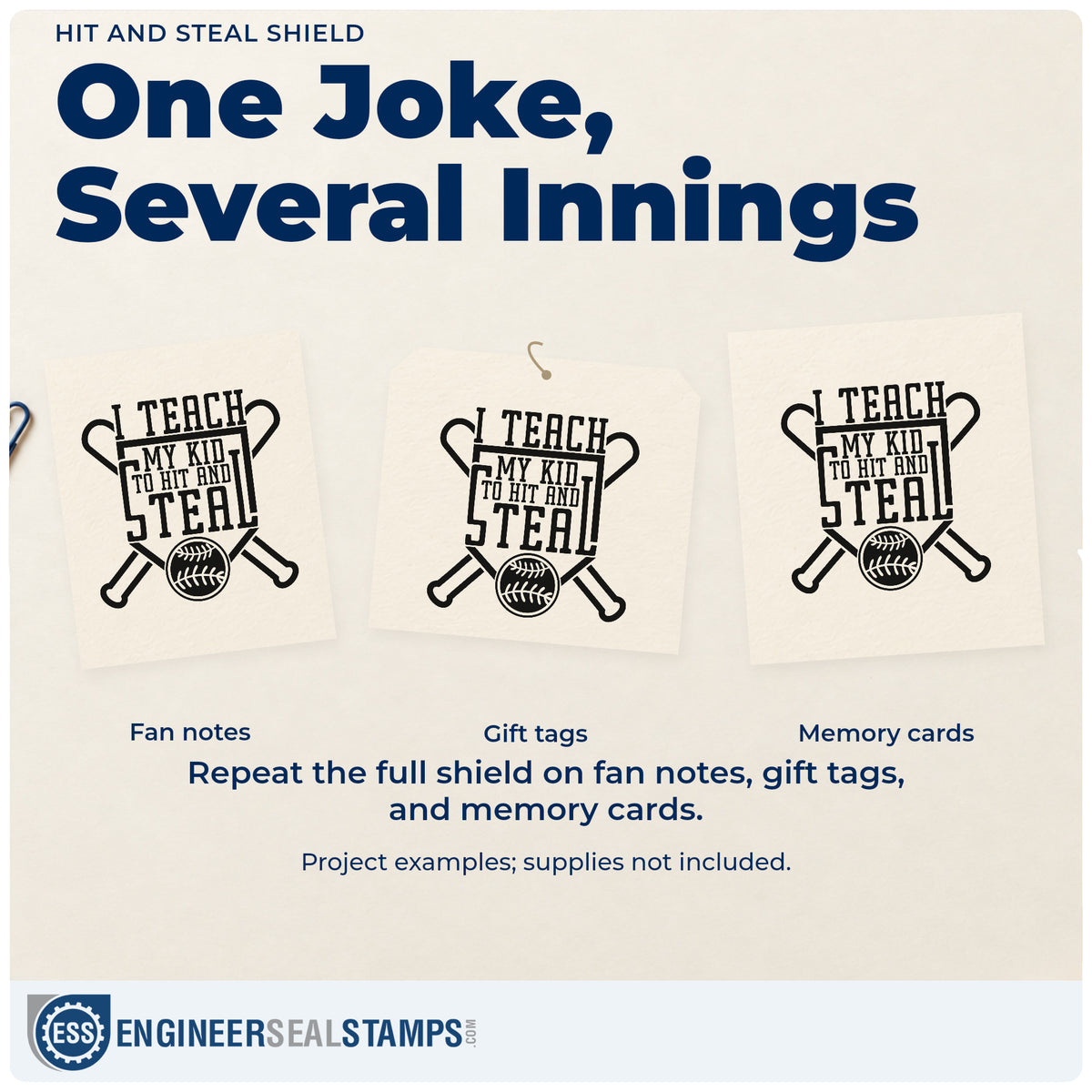 Three project examples made with the Hit And Steal Shield Stamp – Self-Inking, including equipment bag tags.