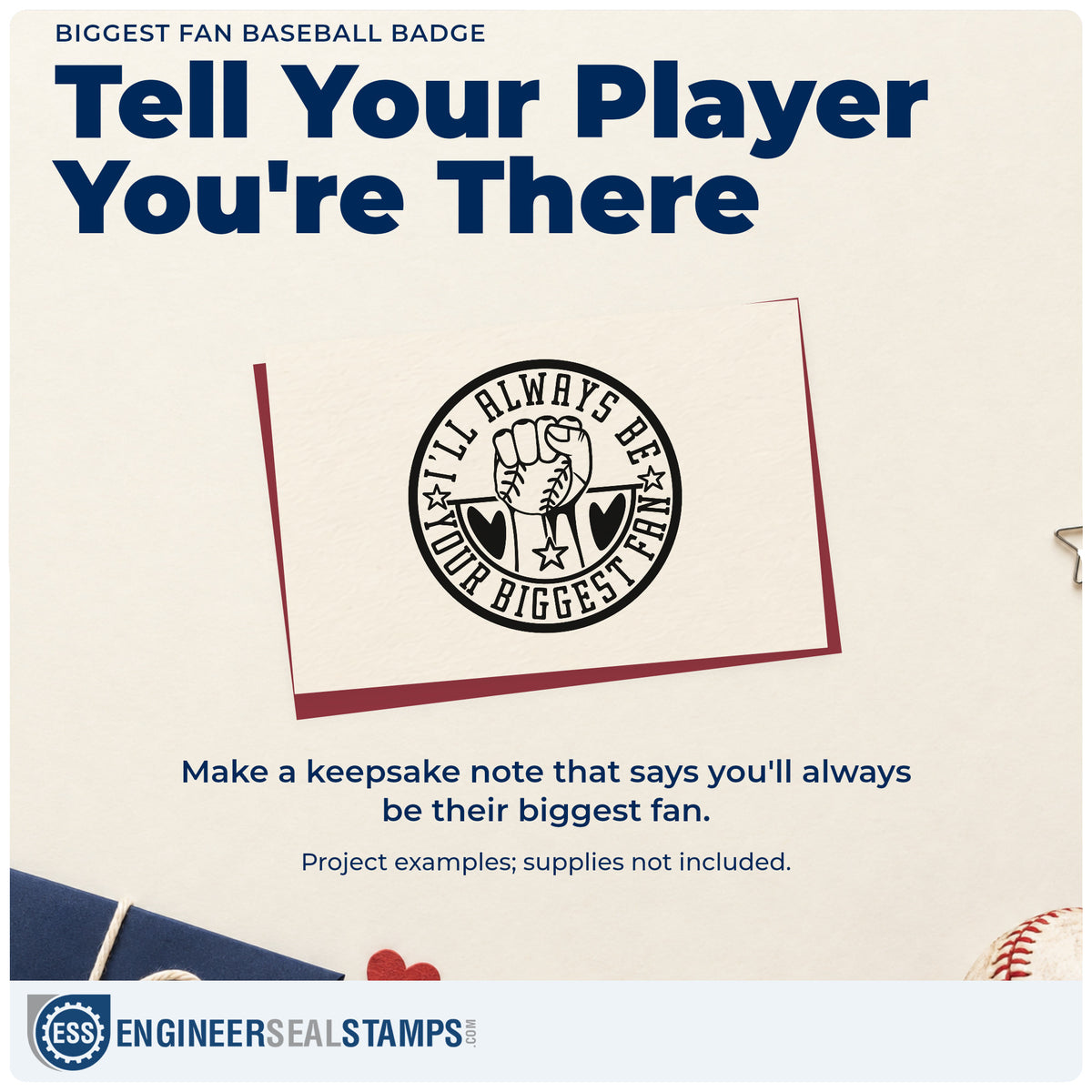 A finished handmade project stamped with the Biggest Fan Baseball Emblem Rubber Stamp – Duo Hand, ideal for lunchbox notes.