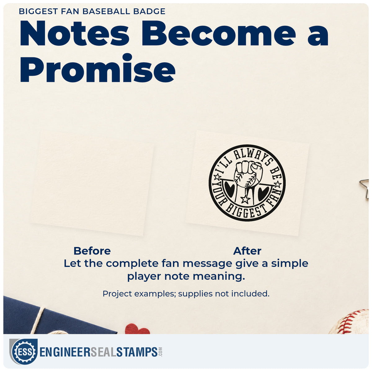 Before and after of a plain item finished with the Biggest Fan Baseball Emblem Rubber Stamp – Duo Hand, a quick upgrade for fan tote bags.