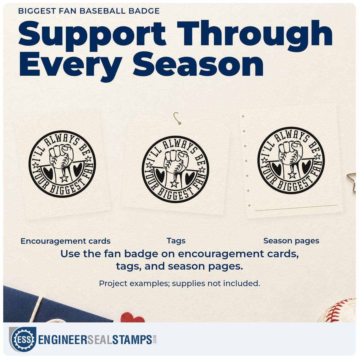 Three project examples made with the Biggest Fan Baseball Emblem Rubber Stamp – Duo Hand, including scrapbook parent pages.