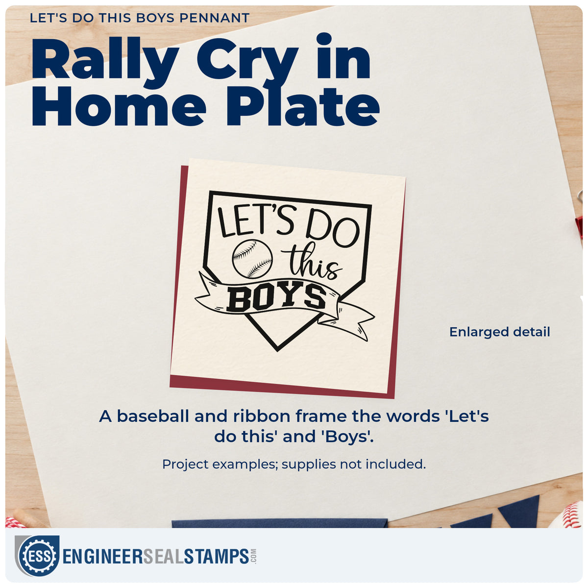 Enlarged detail of the Let's Do This Boys Pennant Hand Stamp – Duo imprint. A home plate frame contains "Let's do this" and a baseball, with "Boys" across a ribbon.