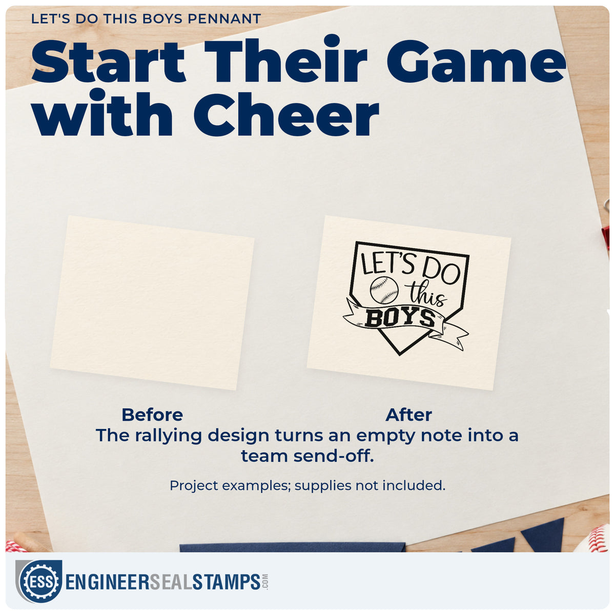 Before and after of a plain item finished with the Let's Do This Boys Pennant Self-Inking Stamp, a quick upgrade for tournament tees.