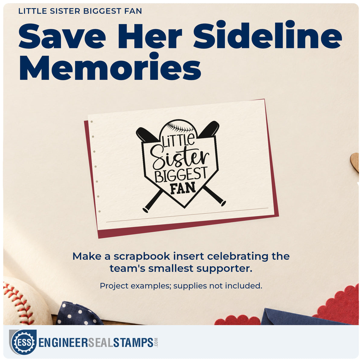 A finished handmade project stamped with the Self-Inking Little Sister Biggest Fan Crossed Baseball Bats Stamp, ideal for bleacher tees.