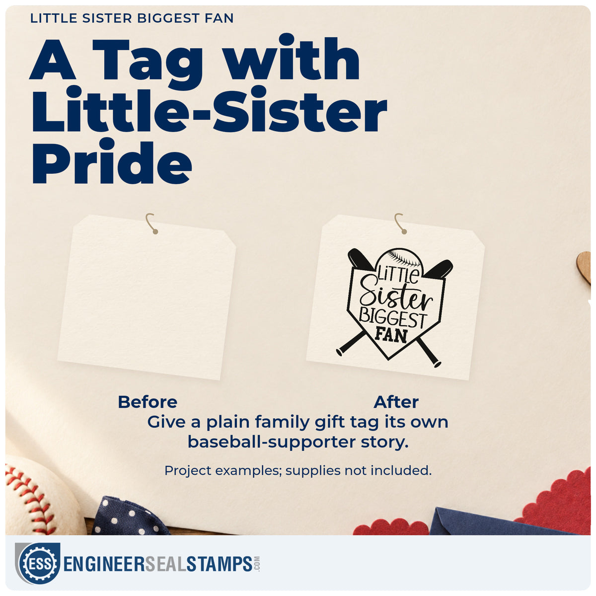 Before and after of a plain item finished with the Little Sister Biggest Fan Crossed Baseball Bats Pre-Inked Stamp – PSI, a quick upgrade for hair bow gift cards.