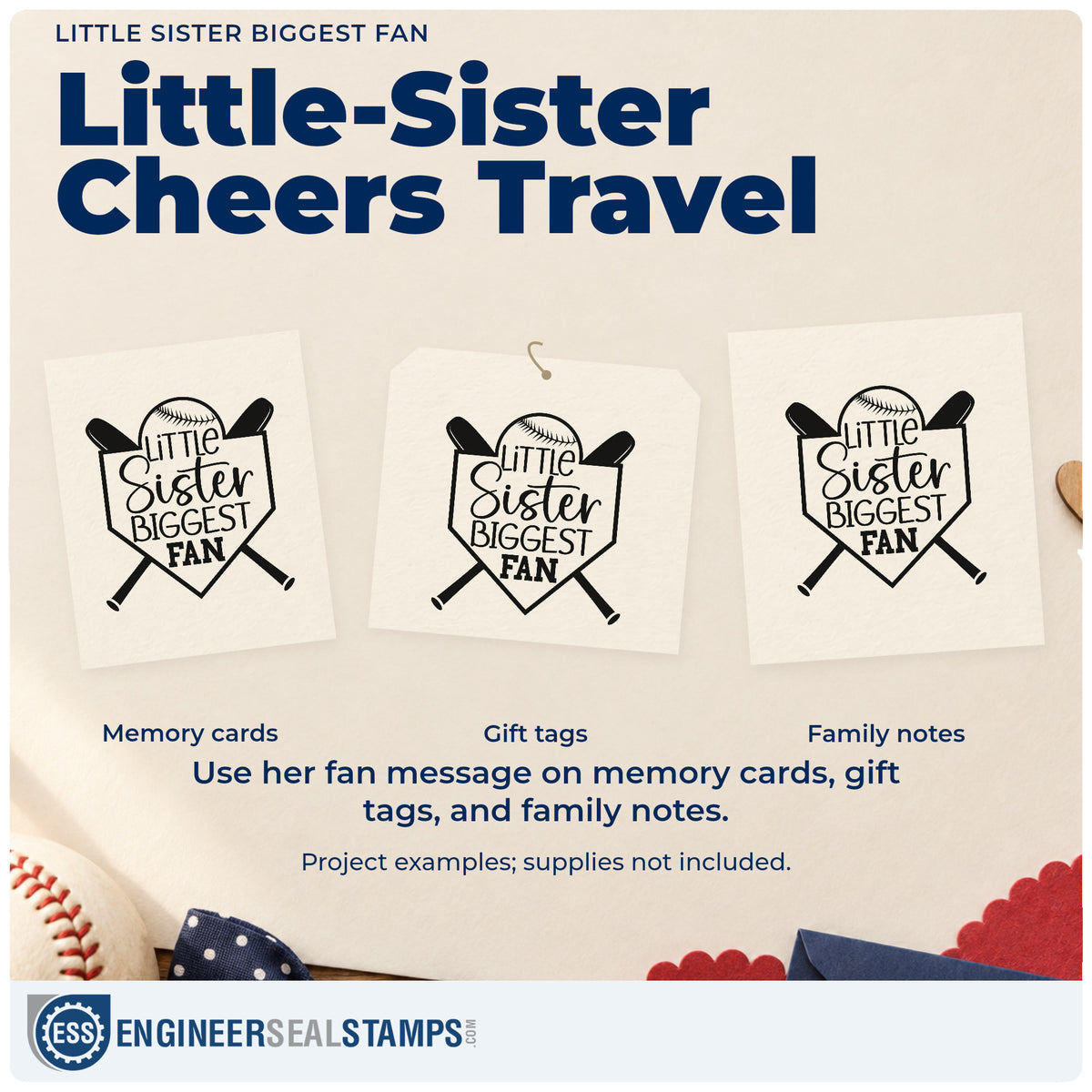 Three project examples made with the Little Sister Biggest Fan Crossed Baseball Bats Slim Pre-Inked Stamp, including party favor tags.