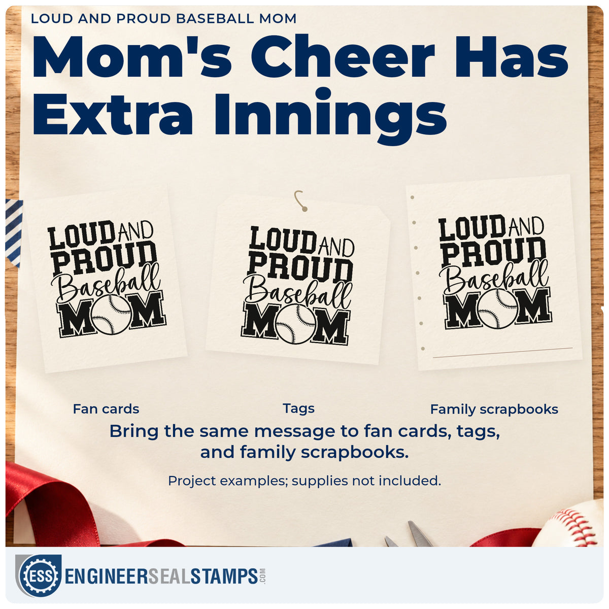 Three project examples made with the Loud And Proud Baseball Mom Rubber Stamp – Duo Hand, including scrapbook fan pages.