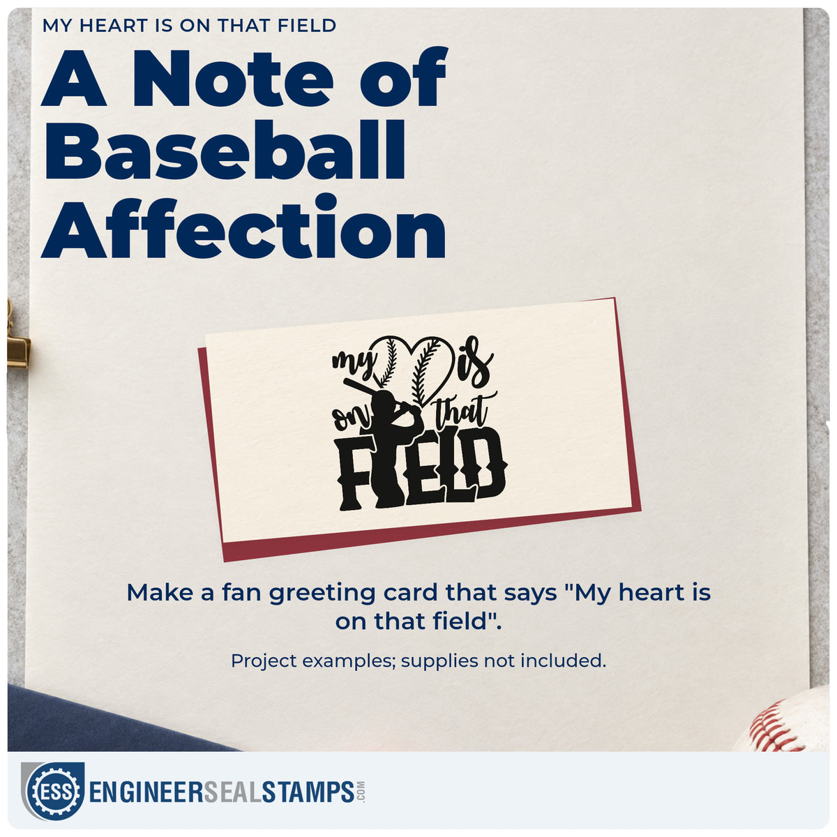 A finished handmade project stamped with the My Heart Is On That Field Baseball Artwork Slim Pre-Inked Stamp, ideal for scrapbook title pages.