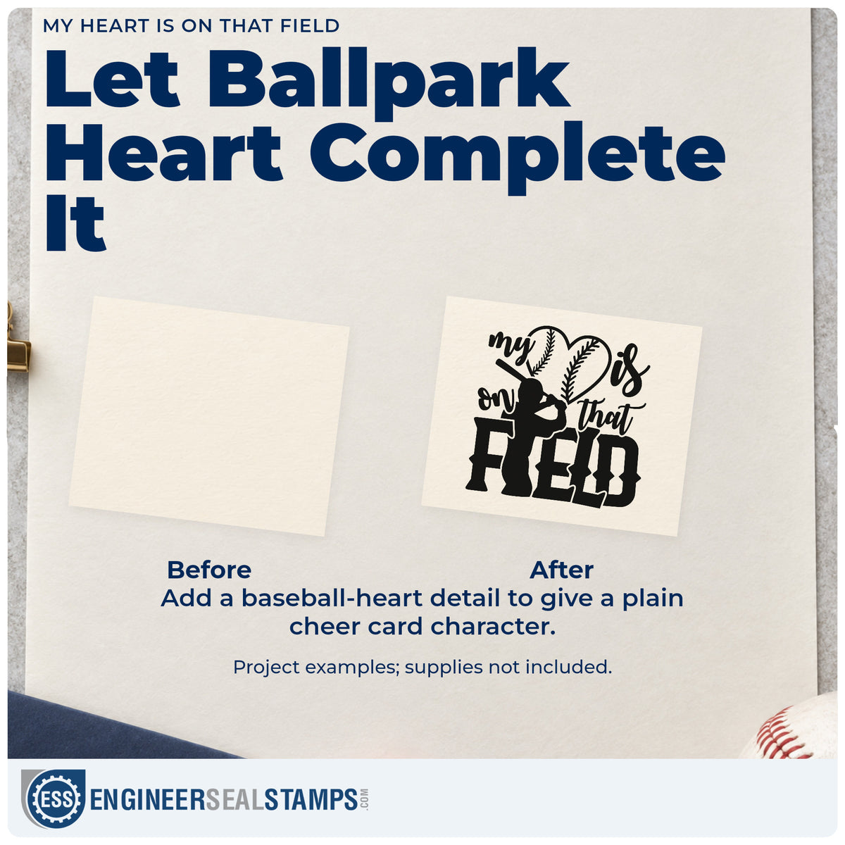 Before and after of a plain item finished with the Duo Hand My Heart Is On That Field Baseball Artwork Rubber Stamp, a quick upgrade for photo mat signing.