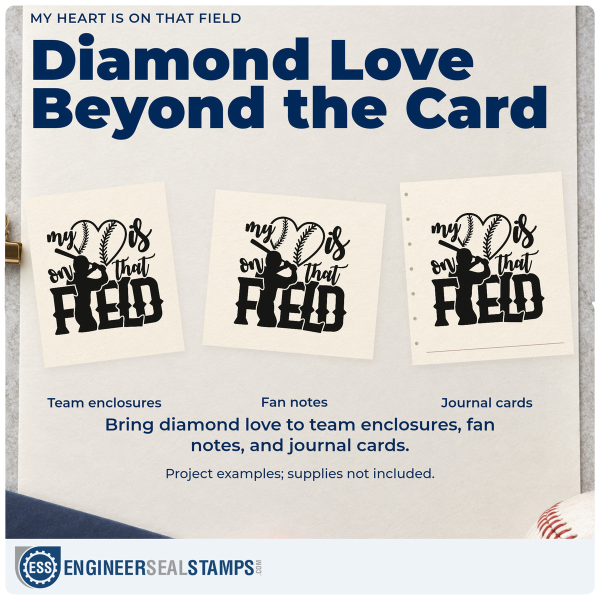Three project examples made with the Duo Hand My Heart Is On That Field Baseball Artwork Rubber Stamp, including senior night gifts.