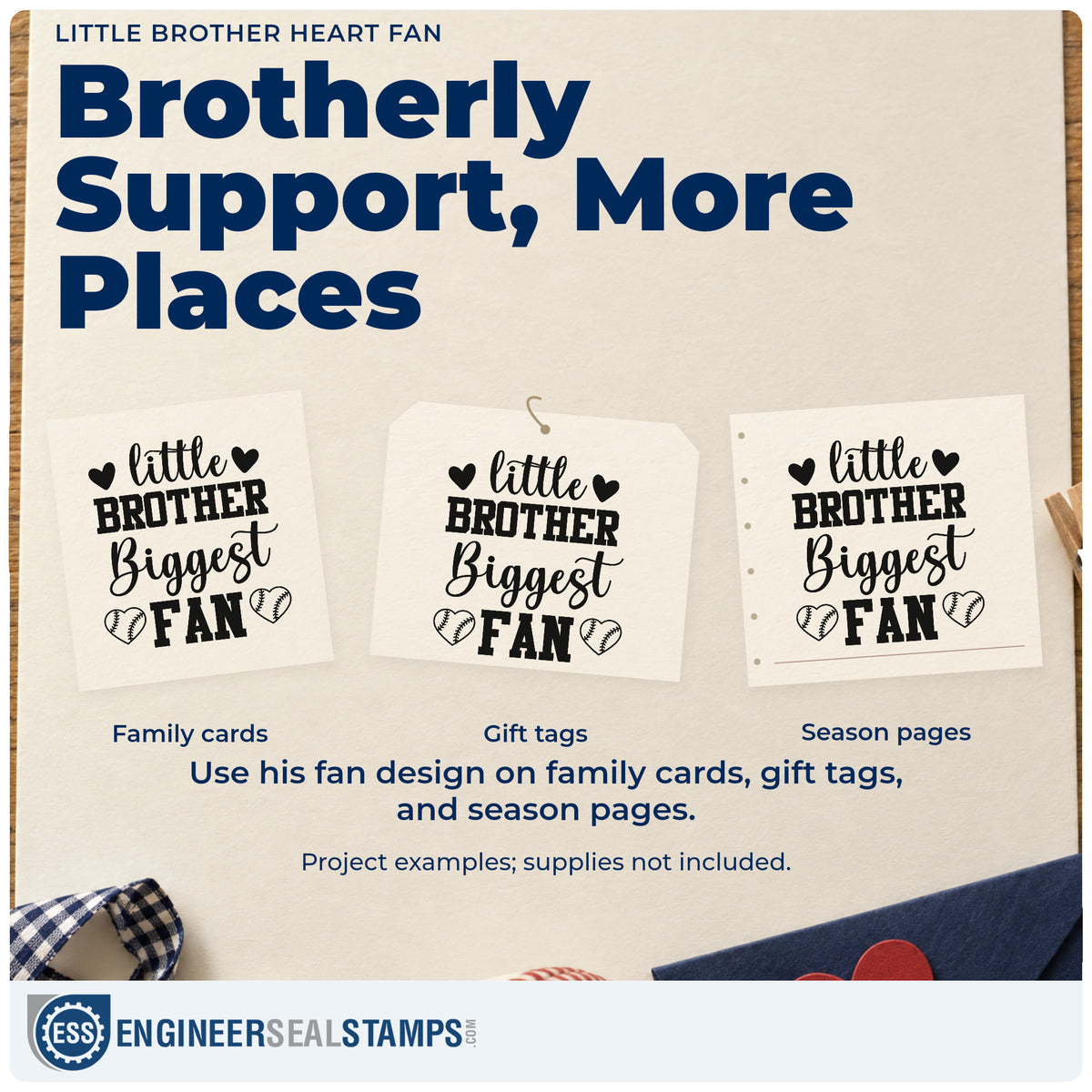 Three project examples made with the Little Brother Biggest Fan PSI Pre-Inked Stamp, including party favor tags.