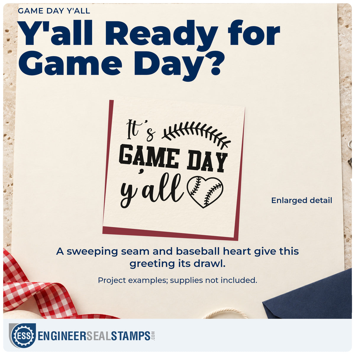 Enlarged detail of the Game Day Y'all Self-Inking Stamp imprint. A curved baseball seam and baseball heart accent "It's game day y'all."