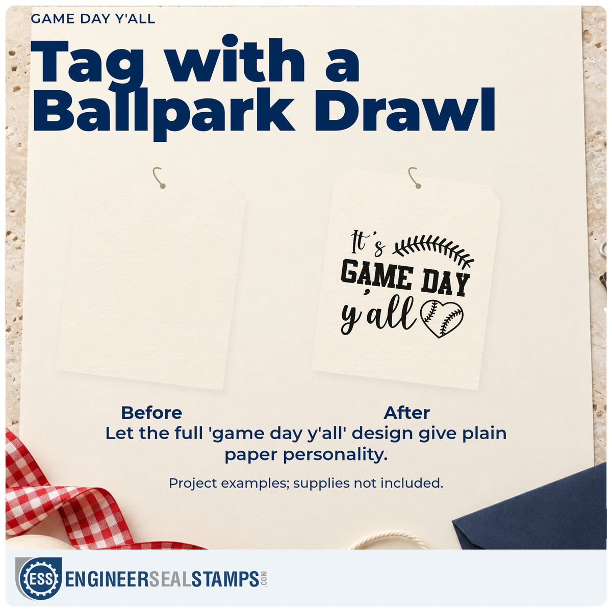 Before and after of a plain item finished with the Game Day Y'all Slim Pre-Inked Stamp, a quick upgrade for team tees.