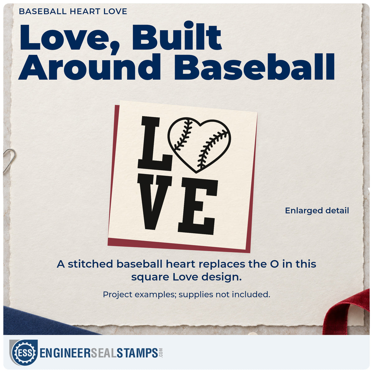 Enlarged detail of the Love With A Stitched Baseball Heart Hand Stamp – Duo imprint. The word "Love" forms a square with a stitched baseball heart replacing the O.