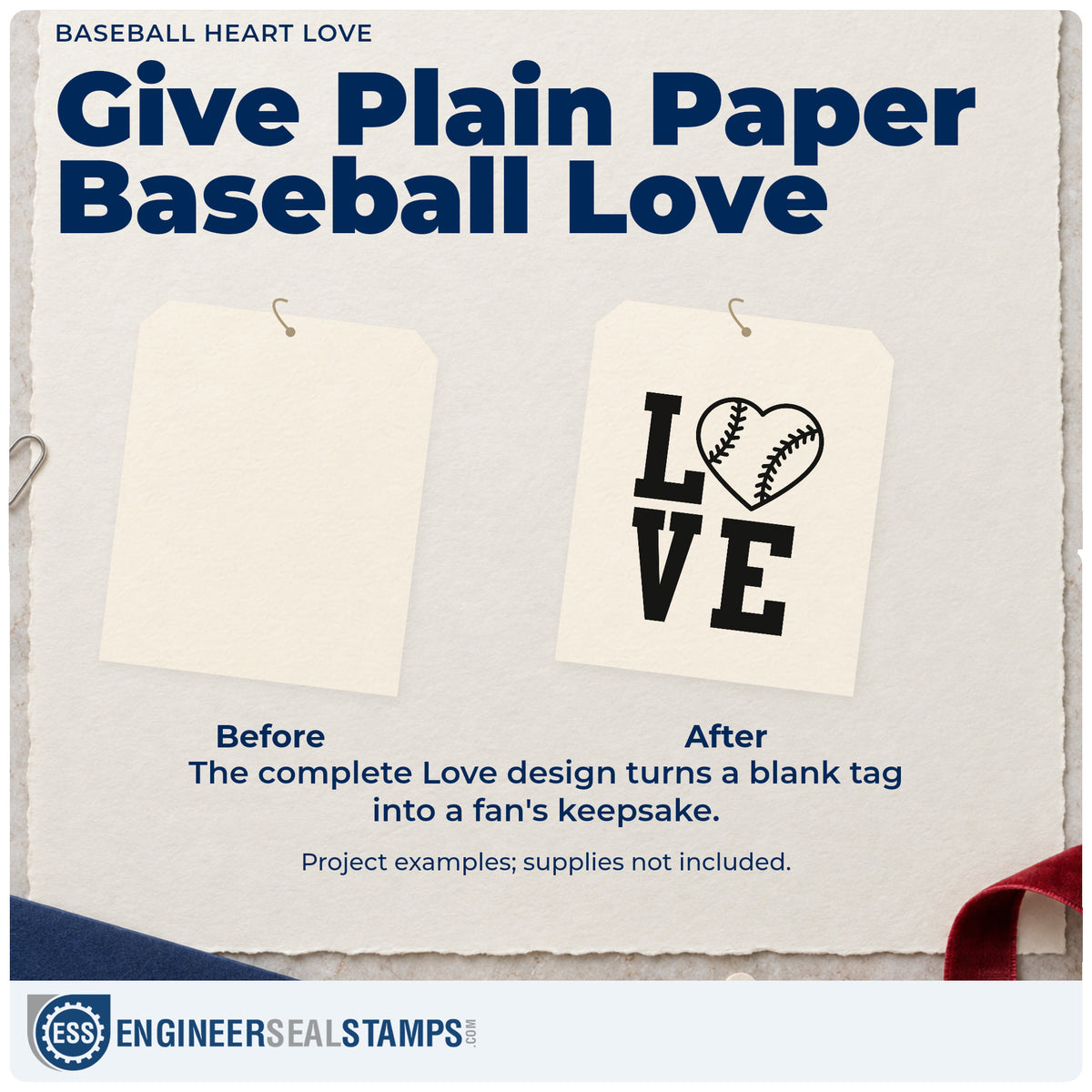 Before and after of a plain item finished with the Love With A Stitched Baseball Heart Hand Stamp – Duo, a quick upgrade for coaster crafts.