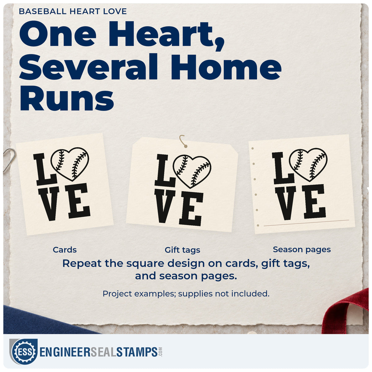 Three project examples made with the Love With A Stitched Baseball Heart Rubber Stamp – Wood Handle, including wedding favor tags.