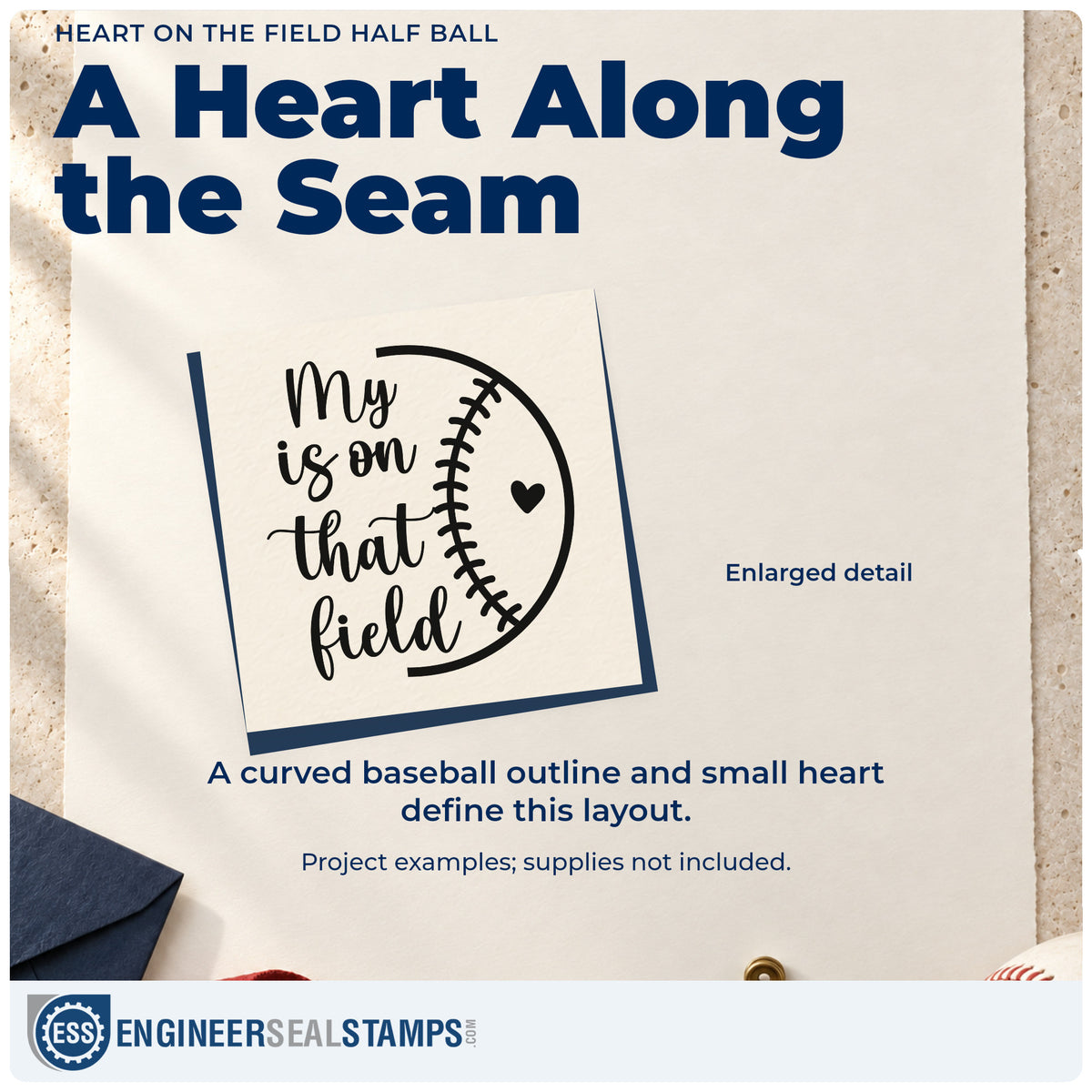 Enlarged detail of the Baseball Heart With Field Lettering Duo Hand Stamp imprint. The visible script "My is on that field" sits within a curved half-baseball outline beside a small heart.