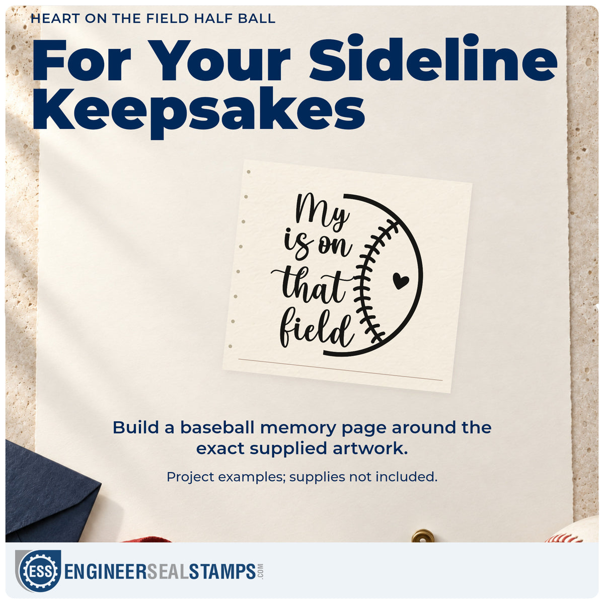 A finished handmade project stamped with the Baseball Heart With Field Lettering Rubber Stamp – Wood Handle, ideal for scrapbook corner accents.