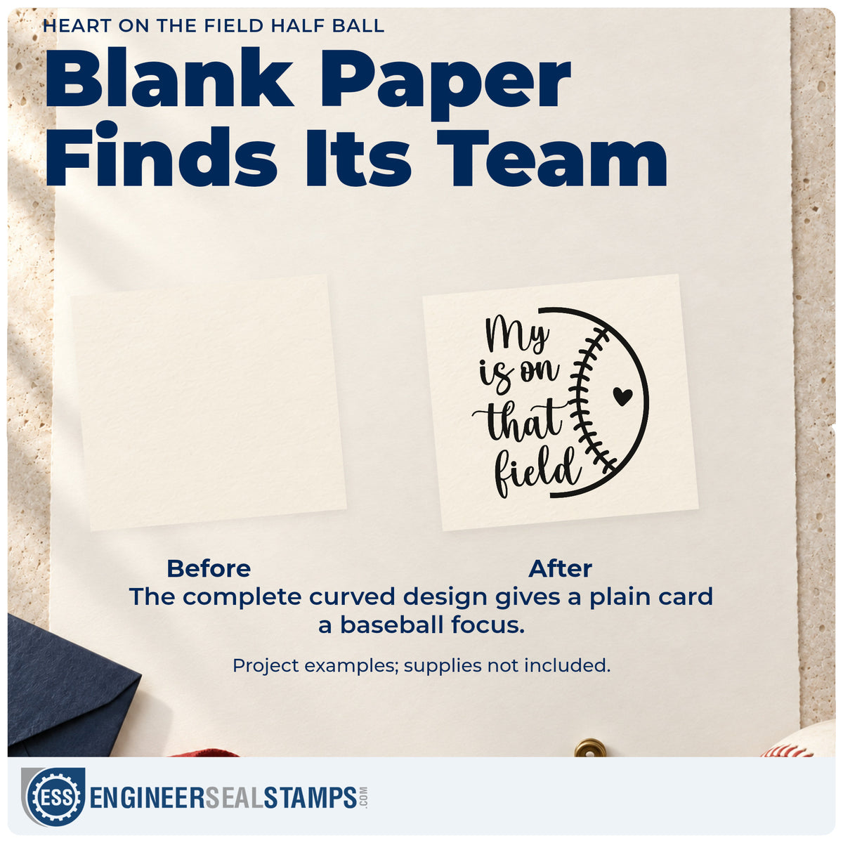 Before and after of a plain item finished with the Baseball Heart With Field Lettering Slim Pre-Inked Stamp, a quick upgrade for tote bag printing.