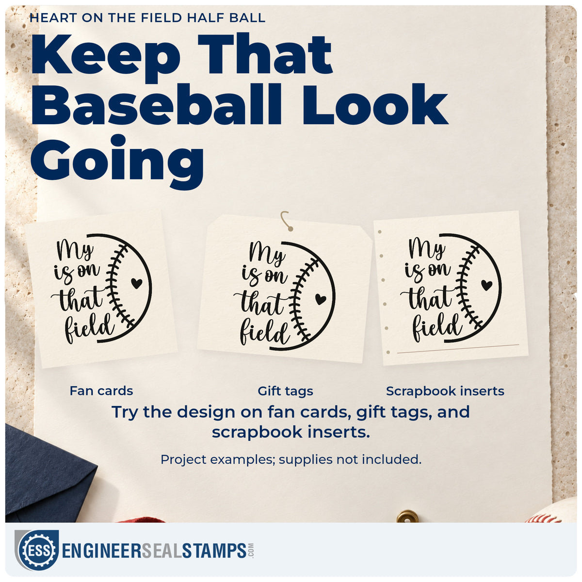 Three project examples made with the Baseball Heart With Field Lettering Stamp – Self-Inking, including fill-in heart crafts.
