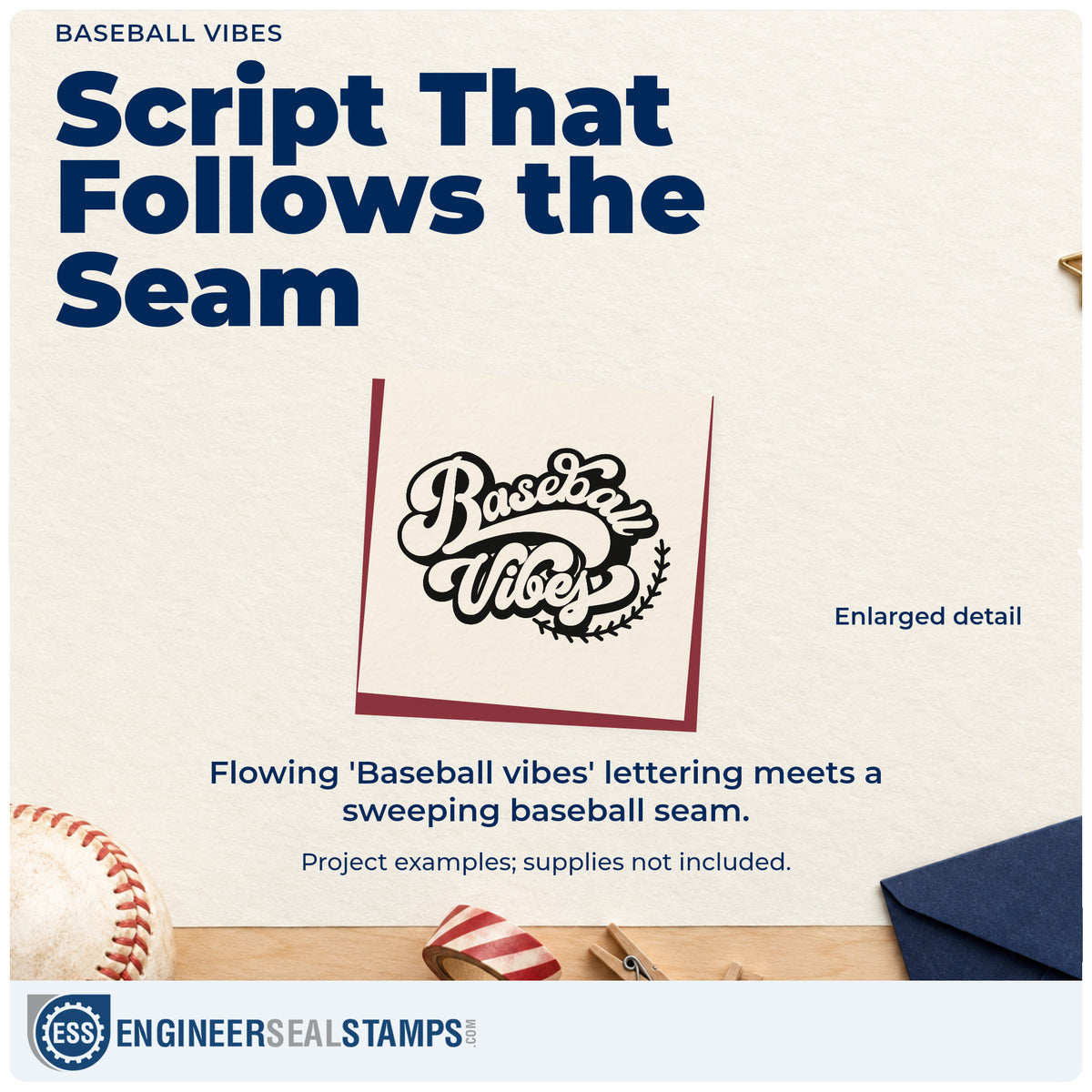 Enlarged detail of the Baseball Vibes Lettering Wood Handle Stamp imprint. Flowing "Baseball vibes" lettering is accented by a sweeping baseball seam.