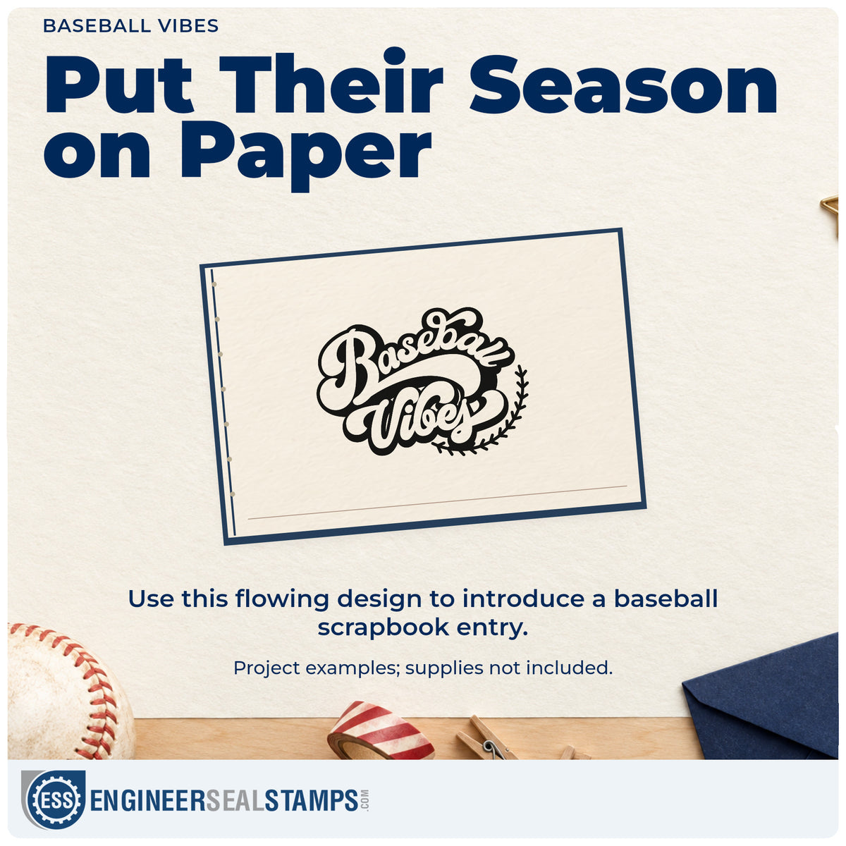 A finished handmade project stamped with the Baseball Vibes Lettering Pre-Inked Stamp – PSI, ideal for summer scrapbook pages.
