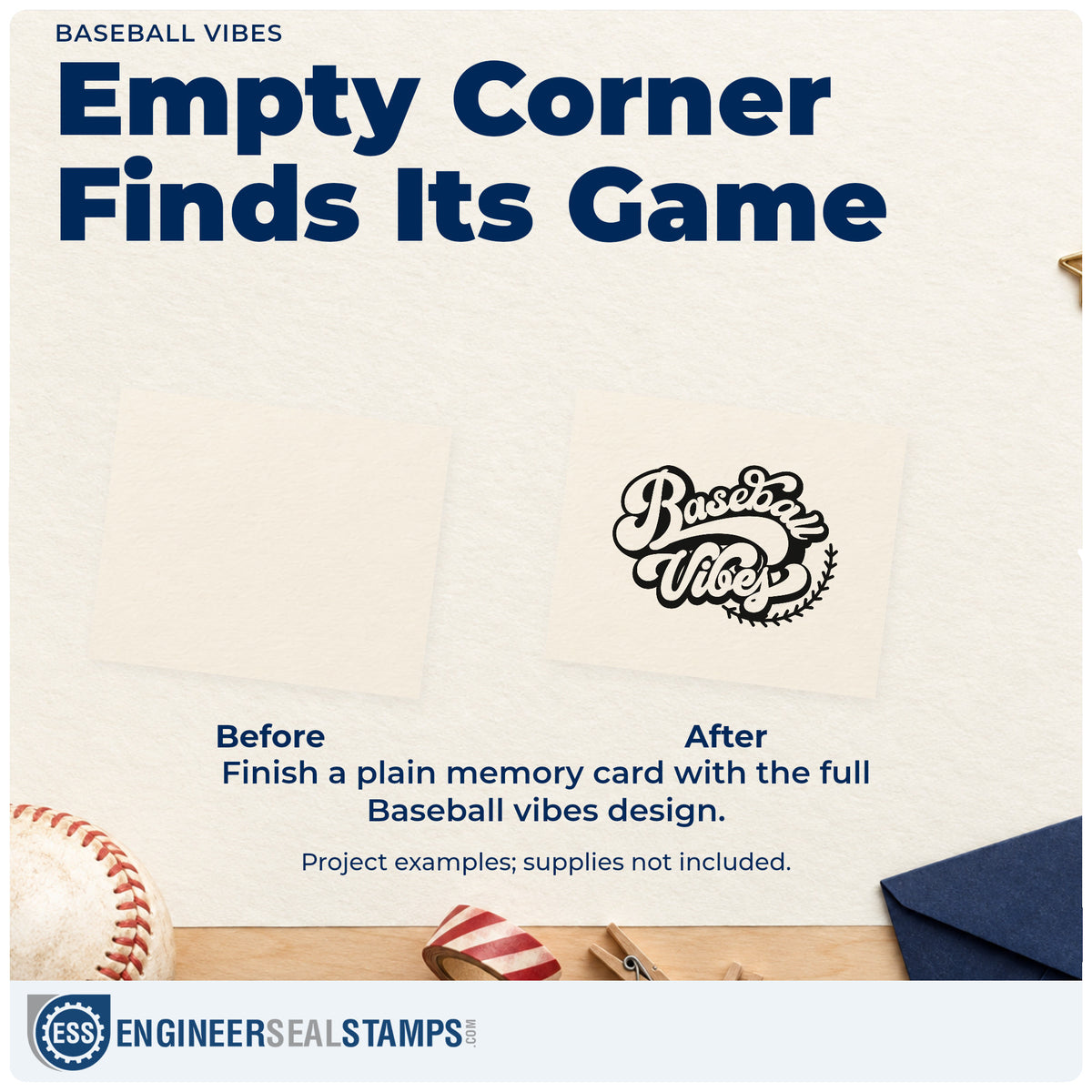 Before and after of a plain item finished with the Baseball Vibes Lettering Wood Handle Stamp, a quick upgrade for kraft gift wrap.