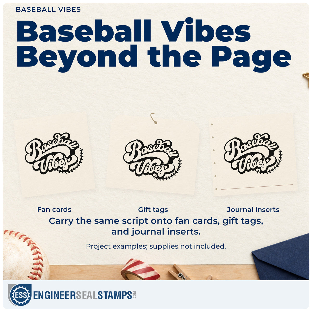 Three project examples made with the Baseball Vibes Lettering Wood Handle Stamp, including planner headers.