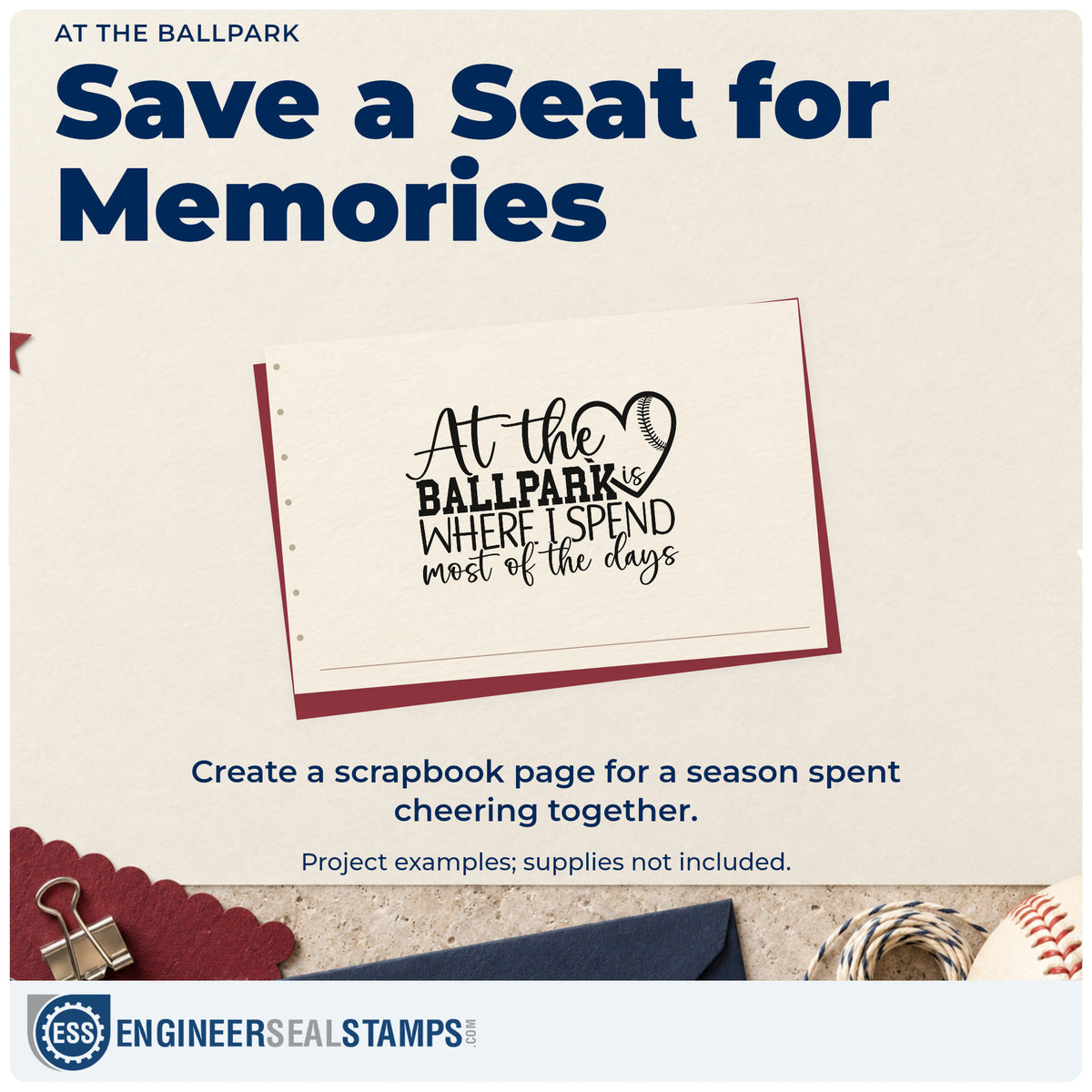 A finished handmade project stamped with the At The Ballpark Wood-Mounted Rubber Stamp, ideal for planner month covers.