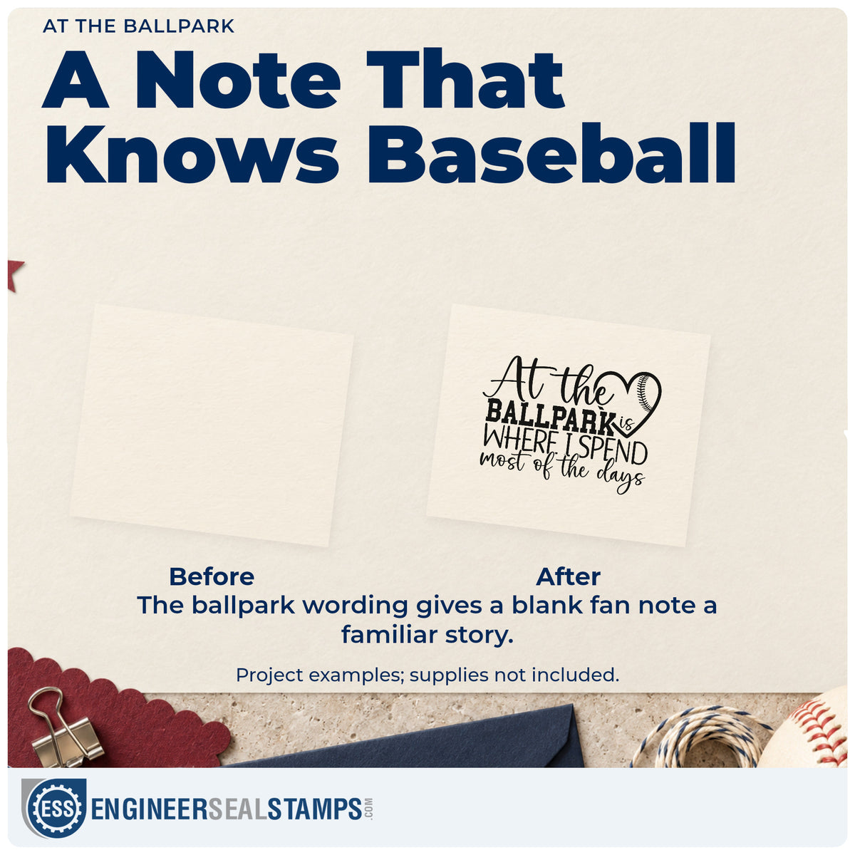 Before and after of a plain item finished with the At The Ballpark Wood-Mounted Rubber Stamp, a quick upgrade for coach thank-you notes.
