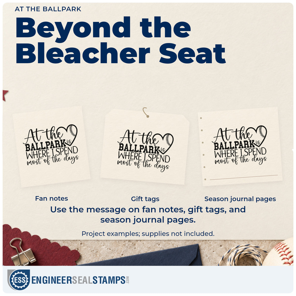 Three project examples made with the At The Ballpark Hand Stamp – Duo, including tote bag printing.