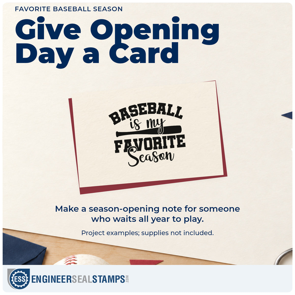 A finished handmade project stamped with the Favorite Baseball Season Rubber Stamp – Wood Handle, ideal for spring scrapbook pages.